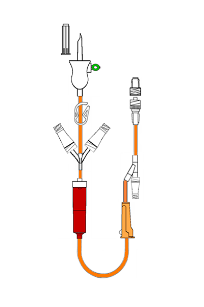 Cytostatic administration system with orange opaque tube, 2-way with Neutroval Valve, Y injection point with Neutroval and movable Luer Lock and purge filter