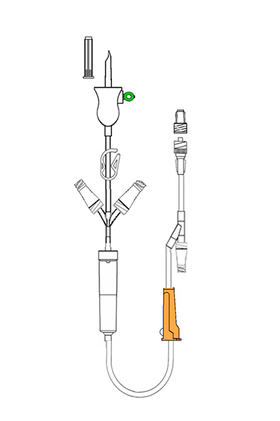 Sistema de administração de citostáticos, com 2 vias com Válvula Neutroval, ponto de injeção em Y com Neutroval e Luer Lock móvel e filtro purga