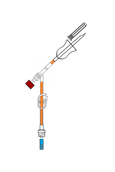 Linha de preparação de Citostáticos opaca laranja, Y em VAR2, terminação em VAR1 e Luer Lock com filtro purga