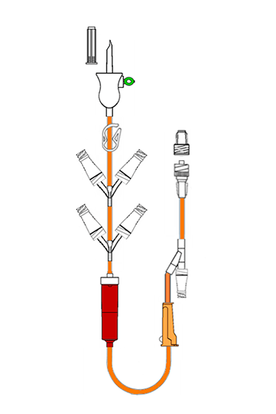 Cytostatic administration system with orange opaque tube, 4-way with Neutroval Valve, Y injection point with Neutroval and movable Luer Lock and purge filter