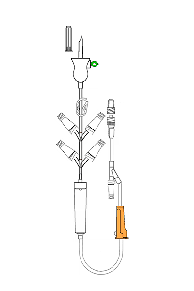 Sistema de administração de citostáticos, com 4 vias com Válvula Neutroval, ponto de injeção em Y com Neutroval e Luer Lock móvel e filtro purga